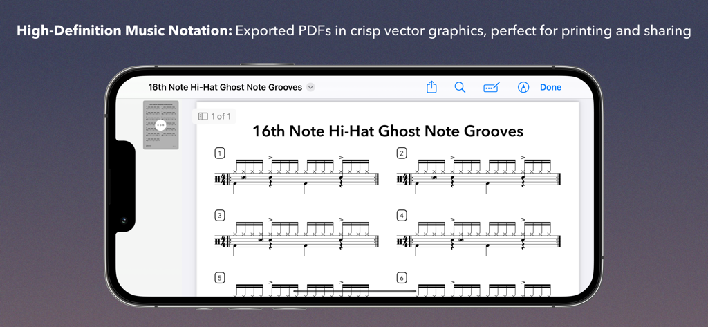 Pantalla de smartphone mostrando notación de batería de alta definición para grooves de notas fantasma en el hi-hat de semicorcheas listas para exportar a PDF