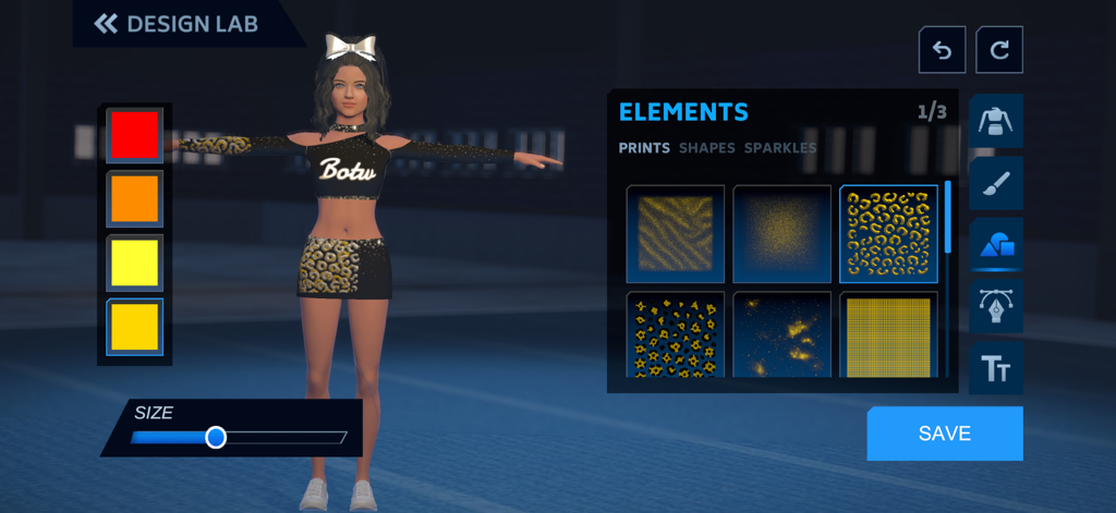 Boss of the World - Interface de personnalisation d'un uniforme de cheerleader dans le laboratoire de conception de Boss of the World