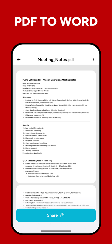 JPG to PDF - PDF Convertor - Mobile app interface showing a PDF document of meeting notes with an option to convert to Word and share