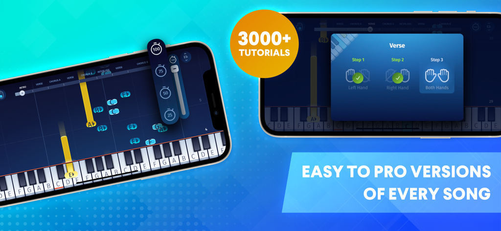 OnlinePianist: Piano Songs - Screenshots of OnlinePianist app showing falling notes piano tutorial and hand coordination training steps
