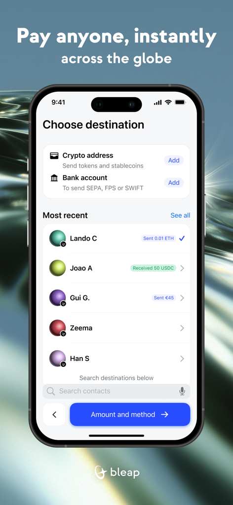 Bleap: Finance & Crypto Card - Interfaz de la aplicación Bleap mostrando opciones para enviar fondos a una dirección de criptomonedas o cuenta bancaria con una lista de transacciones globales recientes