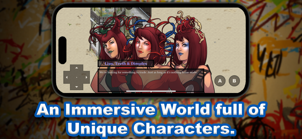 The Tribe Game - Capture d'écran du gameplay mobile de The Tribe Game montrant trois personnages stylisés et une boîte de dialogue