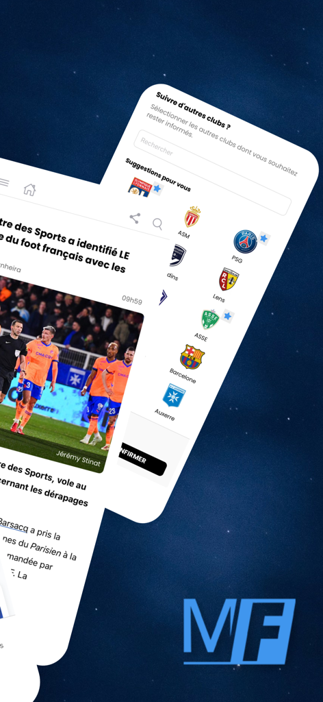 Made in FOOT - Captures d'écran de l'application Made in FOOT montrant les actualités de football et les options de sélection de club.