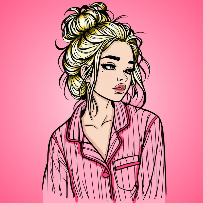 realistic woman with pajamas on and a messy bun