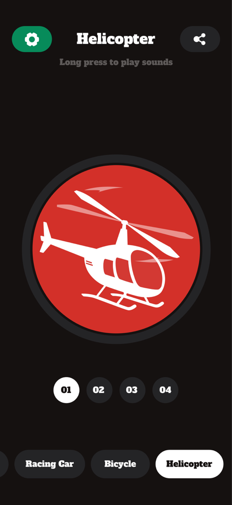 Horn Sounds - Car Horn & Siren - Helicopter sound effect selection screen in the Horn Sounds app