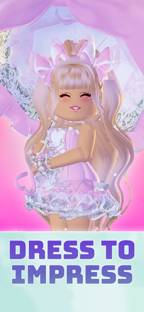 Famous Fashion Roblox Star - A stylish Roblox style girl avatar in a pink frilly dress holding a heart shaped umbrella with the text Dress to Impress