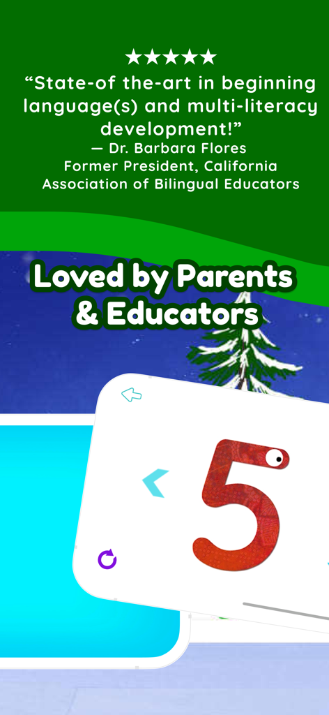 Testimonial from Dr Barbara Flores on the Shoonya Kids app interface showing an interactive number five activity