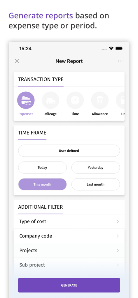 Acubiz - Interfaz de la aplicación móvil Acubiz para generar informes por tipo de gasto y período de tiempo