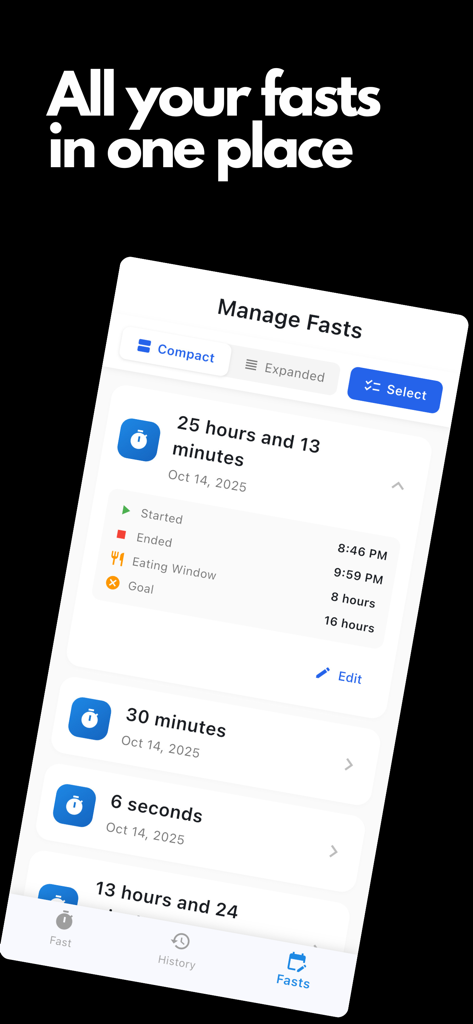 Fastor : Intermittent fasting - Clean list of completed intermittent fasts in the Fastor app history screen