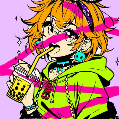 hot baddie anime girl drinking boba and biting the straw