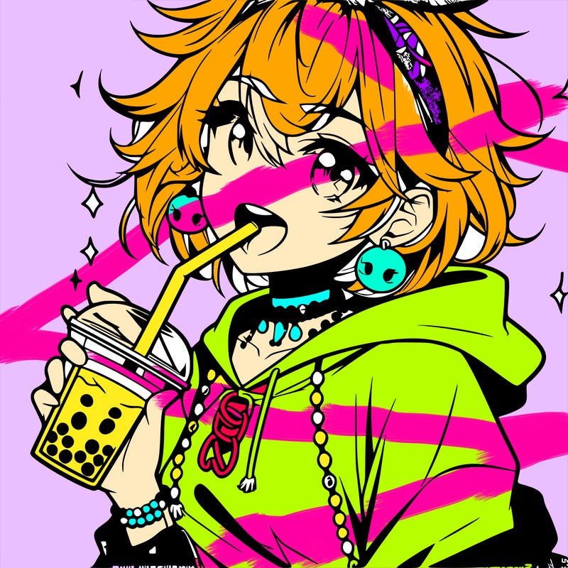 hot baddie anime girl drinking boba and biting the straw