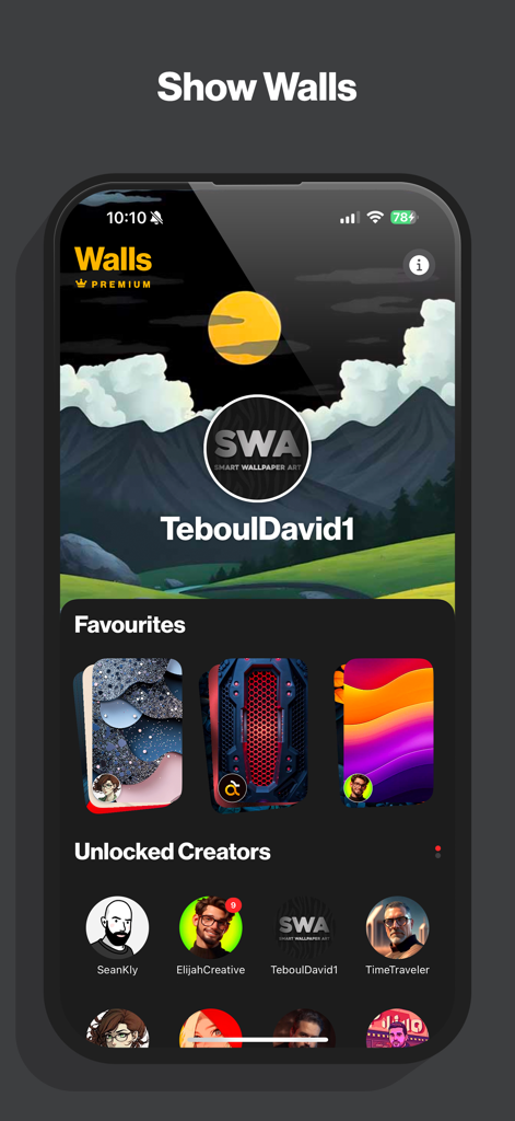 Show Walls - Pantalla de la aplicación Show Walls que muestra el perfil de un artista digital con fondos de pantalla favoritos y una lista de creadores desbloqueados.