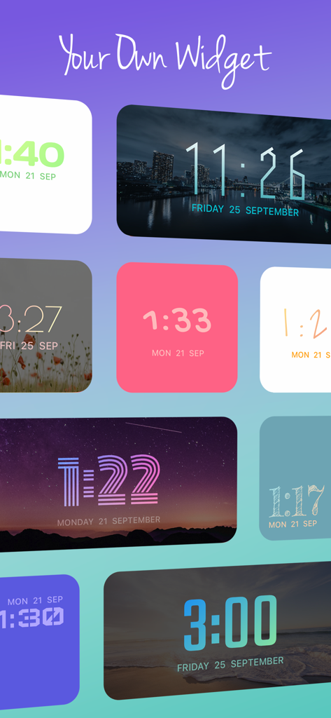 OnClock - Widget - Uma variedade de widgets de relógio estilizados mostrando diferentes fontes de designer, imagens de fundo e gradientes de cores