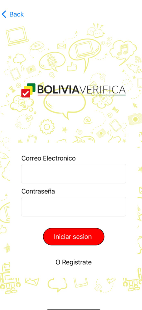 Bolivia Verifica - Pantalla de inicio de sesión de la aplicación de verificación de hechos Bolivia Verifica con campos para correo electrónico y contraseña y un botón de inicio de sesión rojo.
