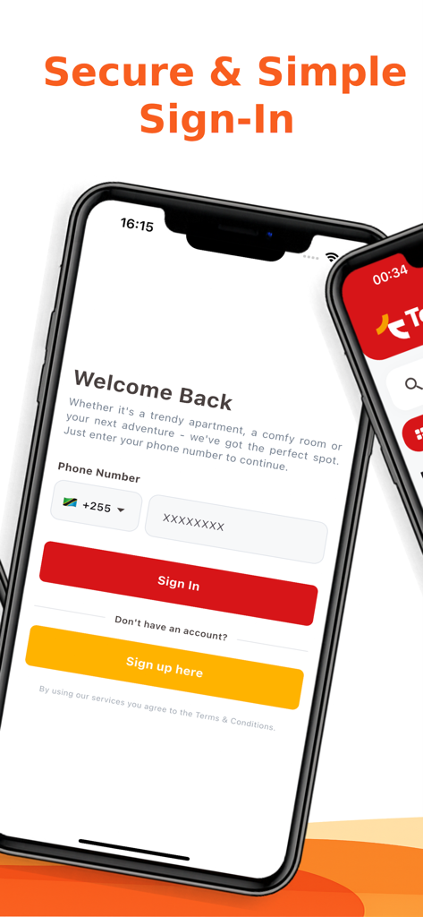 タンザニアの旅行サービスのための電話番号ログインと登録ボタンを備えたテンポ・アフリカアプリのサインイン画面