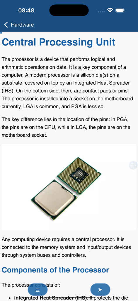 Artículo educativo que explica la Unidad Central de Procesamiento con imágenes de un chip de CPU