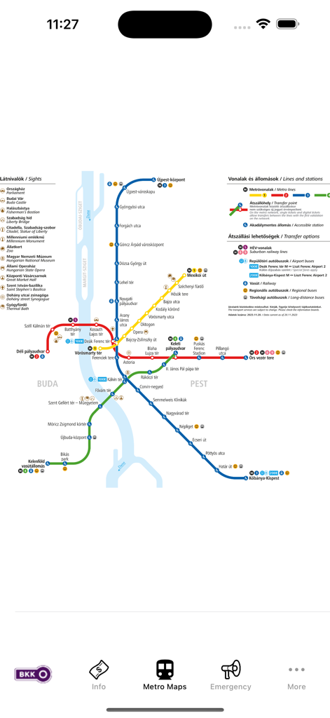 Un mapa del metro de Budapest claro y detallado que muestra nombres de estaciones de líneas de metro y atracciones turísticas cercanas.