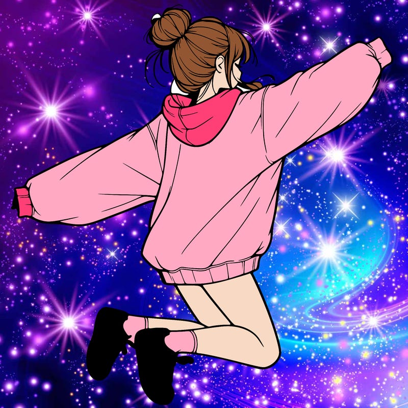 realistic girl jumping with a bun and oversized sweatshirt