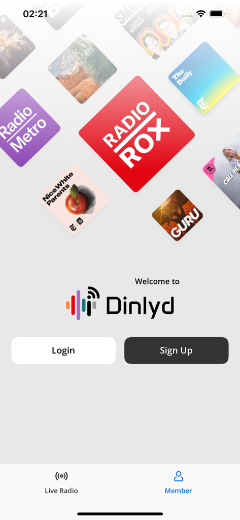 Dinlyd - Welcome screen of the Dinlyd radio app showing various radio station logos and login options