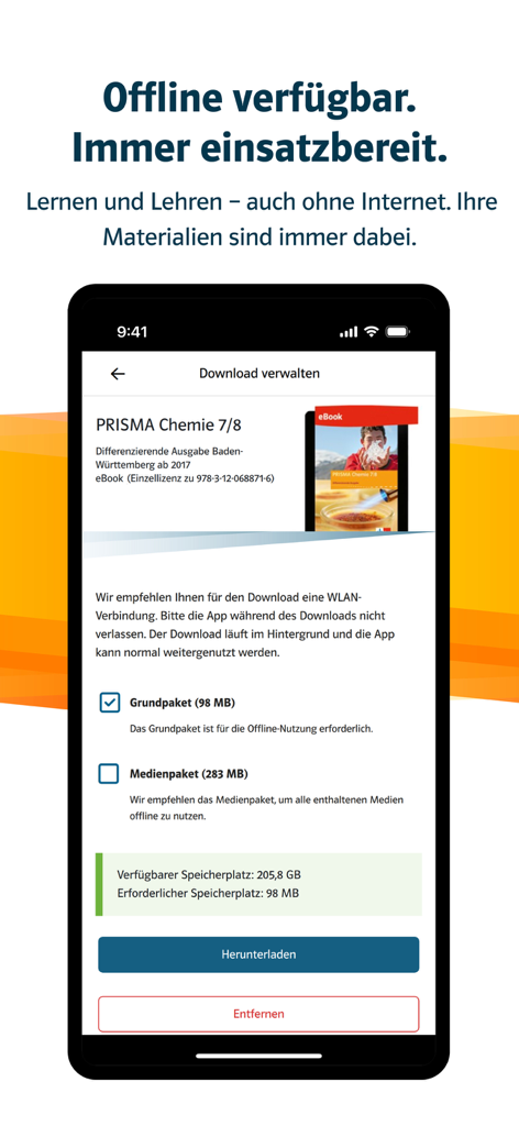 Oberfläche der Klett Lernen App, die Optionen zur Verwaltung und zum Herunterladen von Lehrmaterialien für die Offline-Nutzung zeigt.
