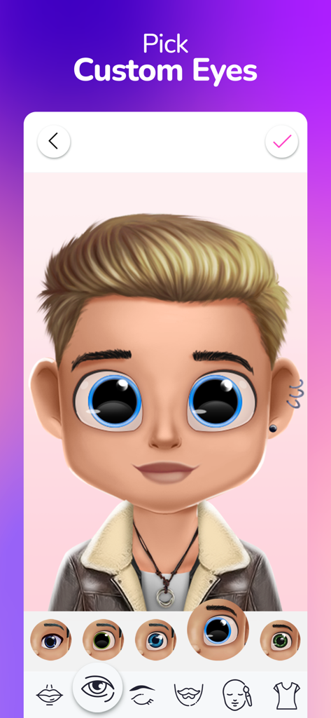 Dollicon - Doll Avatar Maker - Un avatar masculino rubio con grandes ojos azules siendo personalizado en la aplicación Dollicon