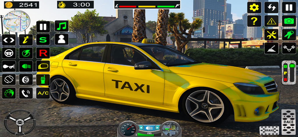 Mountain Offroad Taxi Car Game - A yellow taxi cab in a driving simulation game with on screen mobile controls