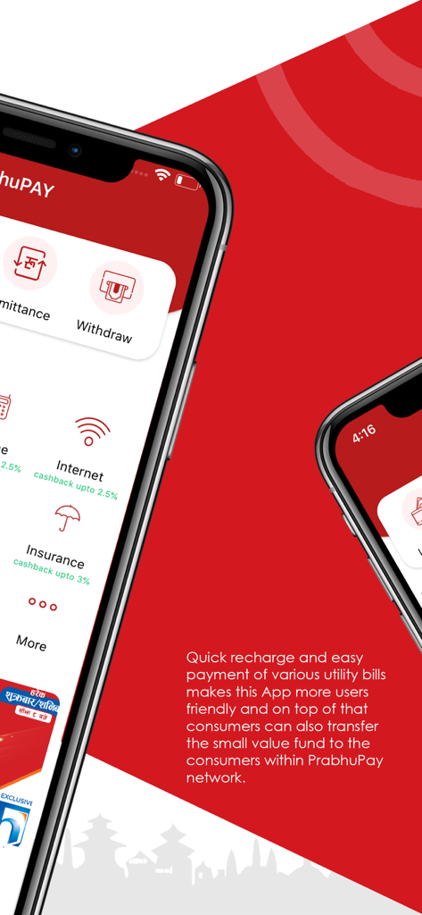 PrabhuPAY - Mobile Wallet - Interface de l'application PrabhuPAY montrant les options de paiement des factures de services publics pour Internet et l'assurance avec un fond rouge