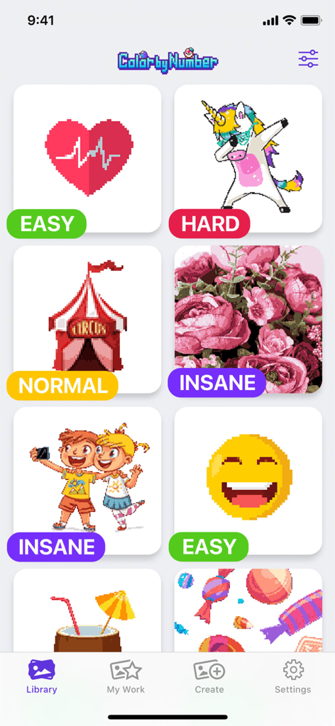 A gallery view of the Color by Number app showing different pixel art images with difficulty levels from easy to insane