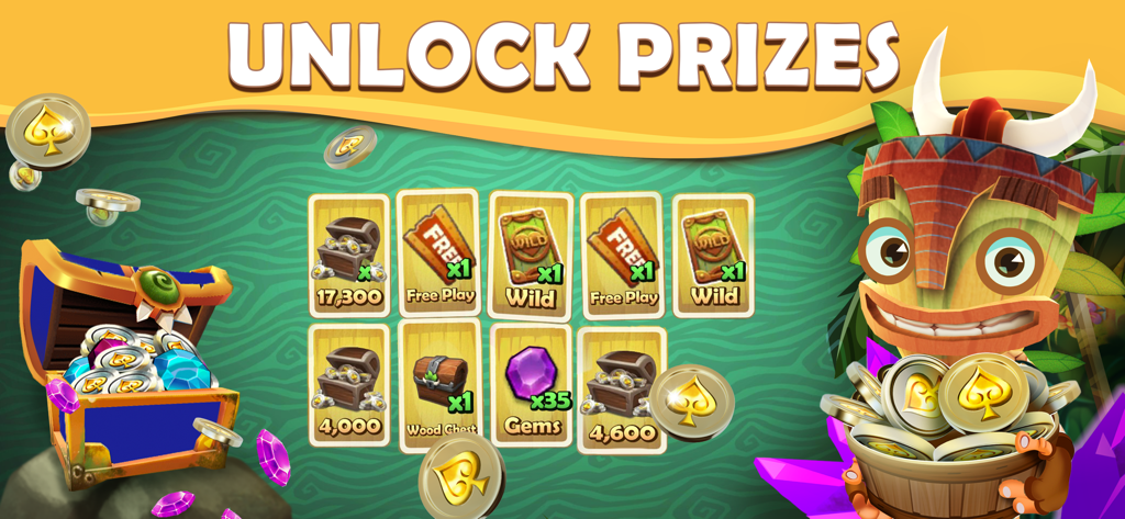 Tiki Solitaire TriPeaks - Unlock prizes screen in Tiki Solitaire TriPeaks featuring a treasure chest, gems, coins, and a tiki character.