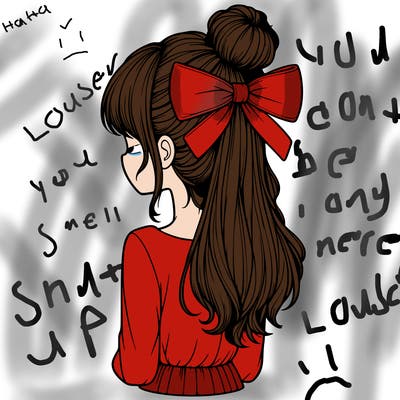 realistic girl  with hip length hair a bun and a big bow on the back of head