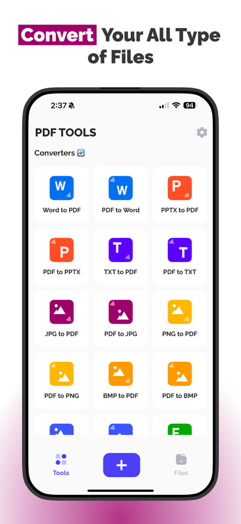 PDF to Document Convert - The tools menu of the PDF to Document Convert app showing various conversion options like PDF to Word PPTX TXT JPG and PNG
