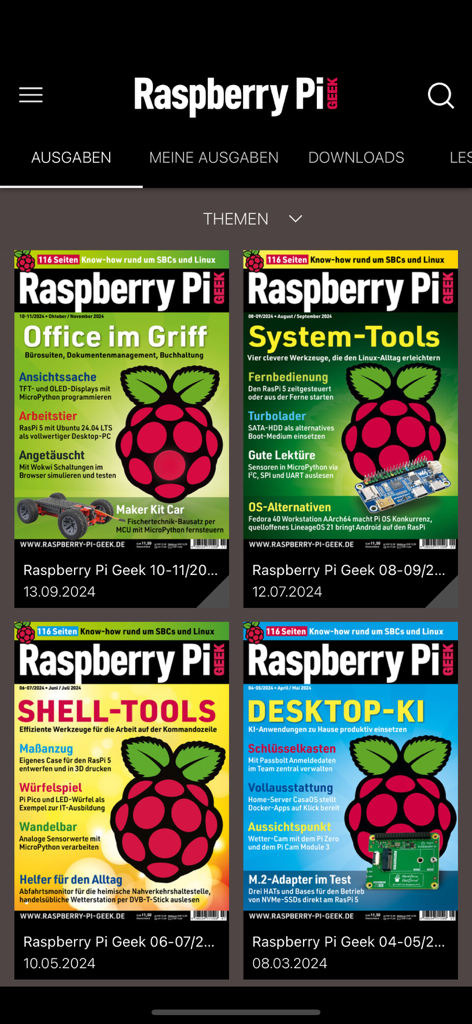Digital archive of Raspberry Pi Geek magazine issues displayed within the mobile app interface