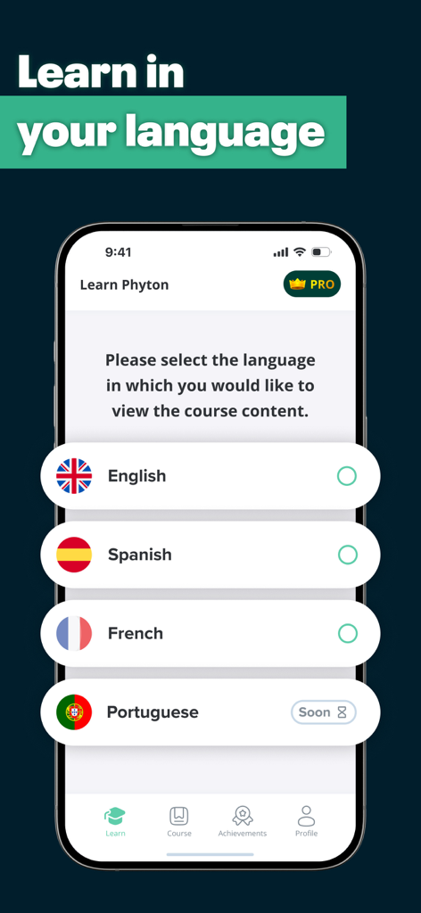 Language selection screen in the Learn Python app with flags for English Spanish and French