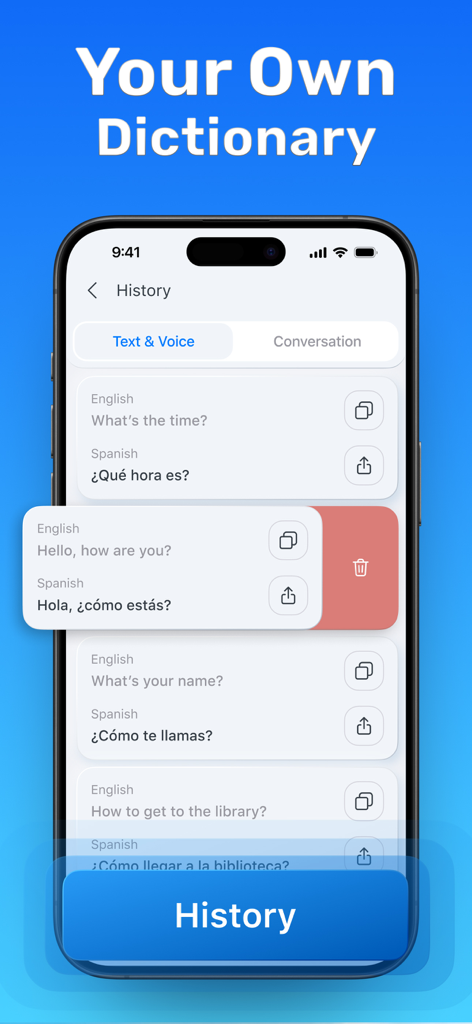Smartphone screen displaying translation history and a personal dictionary in the AI Translate app.