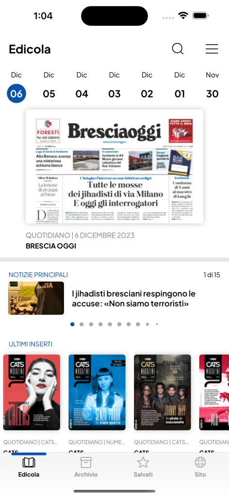 Bresciaoggi - Interfaccia della newsstand dell'app Bresciaoggi che mostra la prima pagina del quotidiano e i supplementi delle riviste