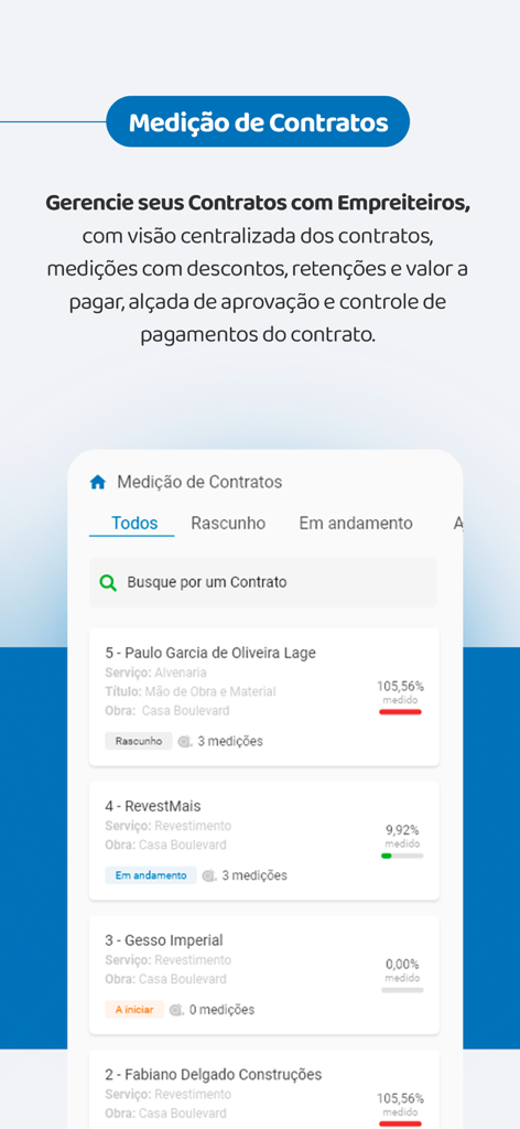 Construction contract measurement screen in the Mais Controle App showing a list of contractor progress and status