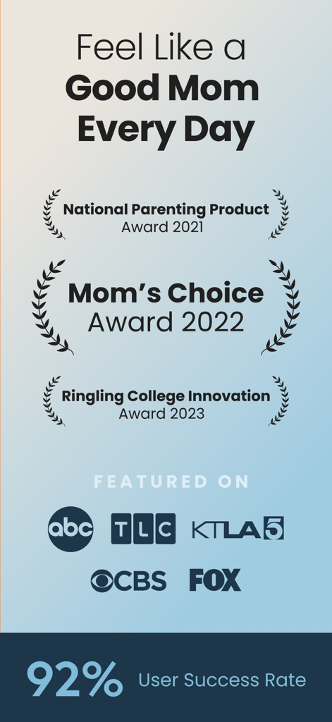 O aplicativo de parentalidade MamaZen exibindo selos de prêmios da Mom's Choice e National Parenting Product ao lado de logotipos da mídia principal e uma taxa de sucesso de usuário de 92 por cento
