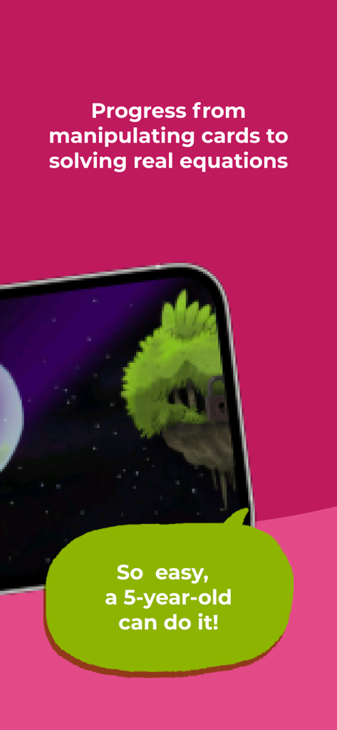 Captura de pantalla de Kahoot Algebra by DragonBox que muestra la progresión desde la manipulación de tarjetas hasta la resolución de ecuaciones reales