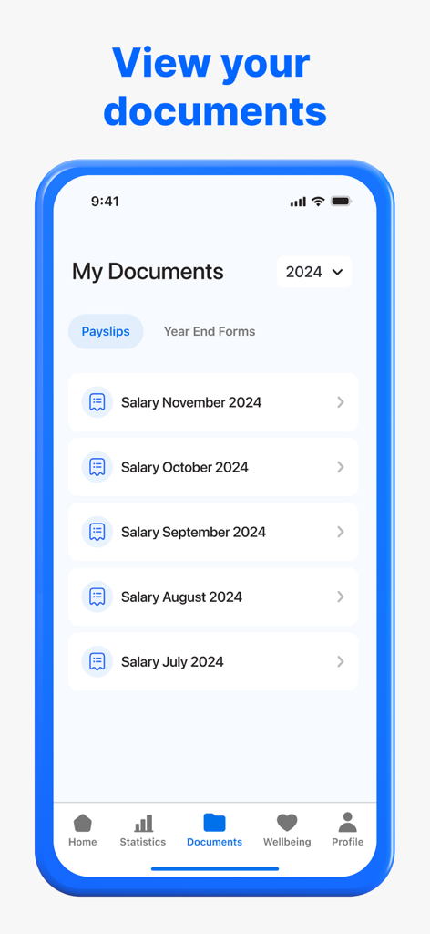 CloudPay - Captura de pantalla de la aplicación móvil CloudPay que muestra la pantalla Mis Documentos con los recibos de nómina mensuales