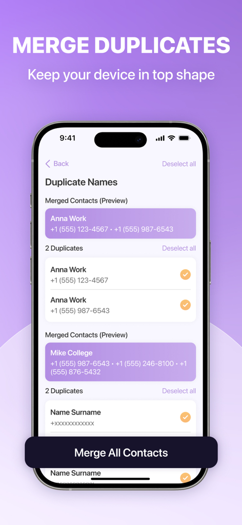 iPhone-Bildschirm mit der Kontaktmanager-Funktion von CleanMate zum Zusammenführen doppelter Namen und Kontakte.