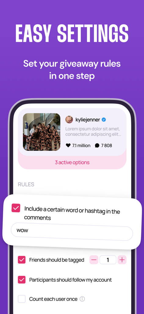Giveaway Picker - Random Draw - Mobile app interface for setting social media giveaway rules including hashtags and follower requirements