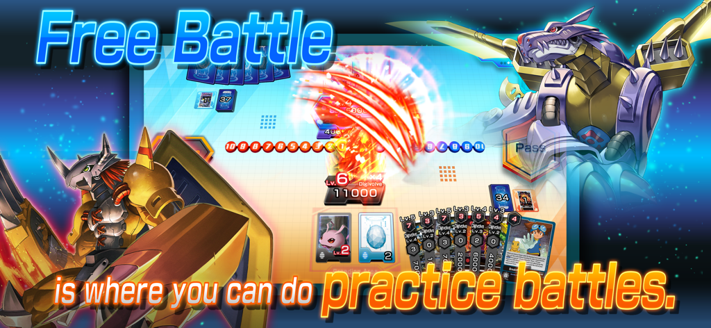 Digimon Card Game Tutorial App screenshot showing the Free Battle mode where players can perform practice battles featuring WarGreymon and MetalGarurumon.