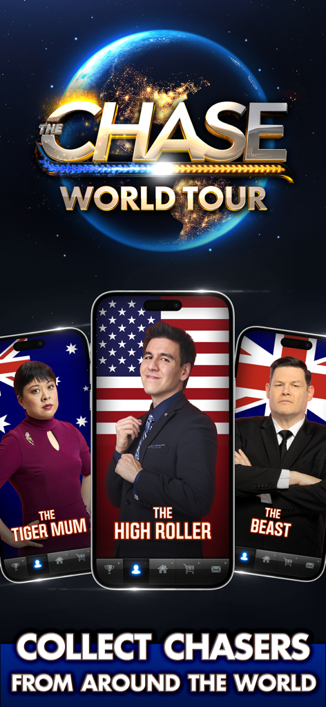 The Chase World Tour mobile game promotional screen showing various Chasers from the USA UK and Australia