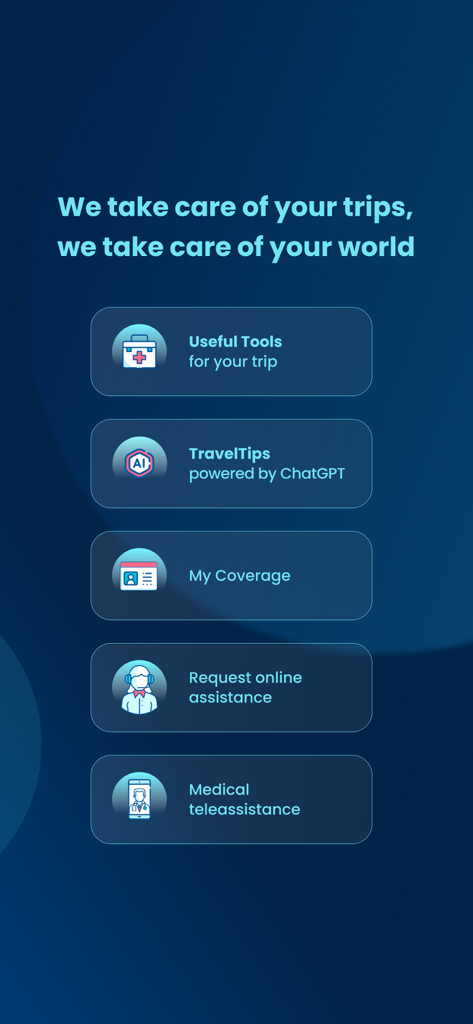 Pantalla de la aplicación Universal Assistance que muestra herramientas de viaje, cobertura de seguro y funciones de teleasistencia médica.