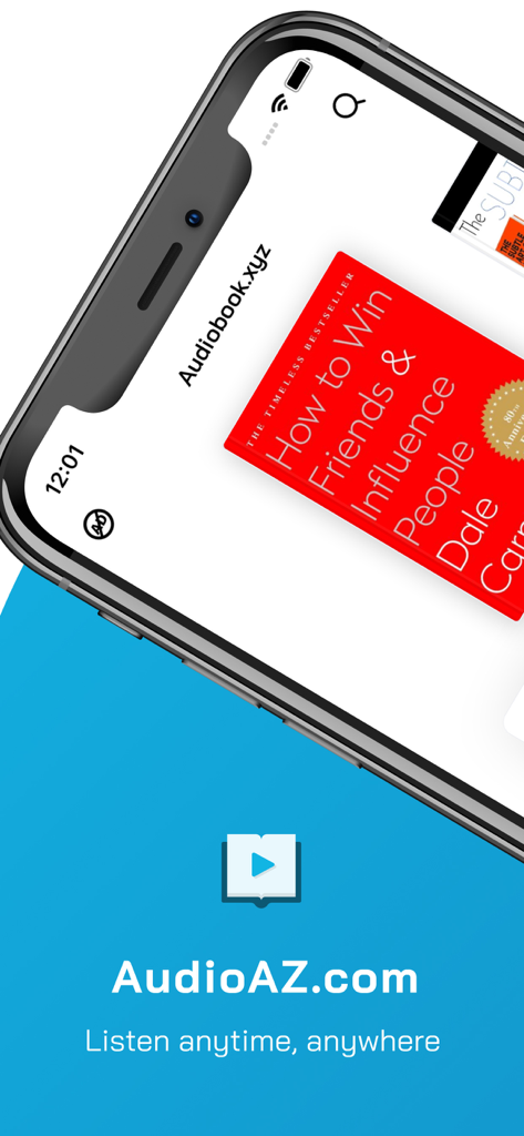 Smartphone displaying the AudioAZ app interface with the book cover of How to Win Friends and Influence People.