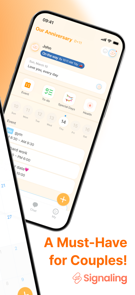 Signaling: Calendar for Couple - A interface do aplicativo Signaling mostrando um calendário compartilhado para casais com atualizações de status da agenda diária e lembretes de aniversário