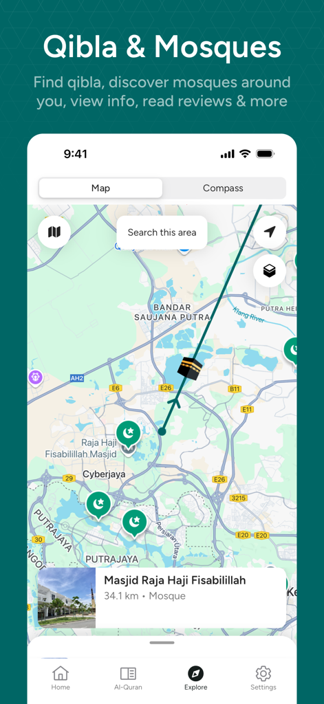 Huda: Prayer Times & Al-Quran - Map interface of the Huda app displaying nearby mosques and the Qibla direction for prayer