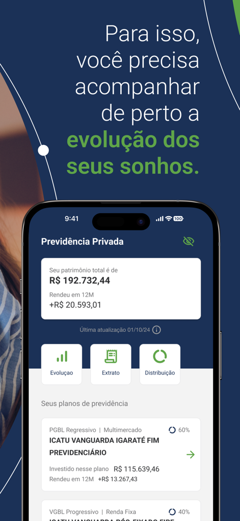 Tela do aplicativo móvel Icatu exibindo saldo de previdência privada e desempenho de investimentos