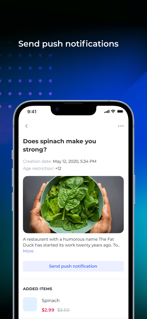 Interface of the UDS Business app for creating and sending customer push notifications