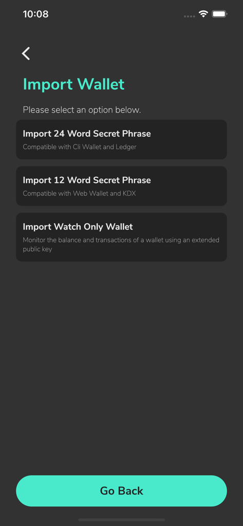 L'écran d'importation de portefeuille de l'application Kaspium montrant les options pour l'importation d'une phrase secrète et d'un portefeuille de surveillance.